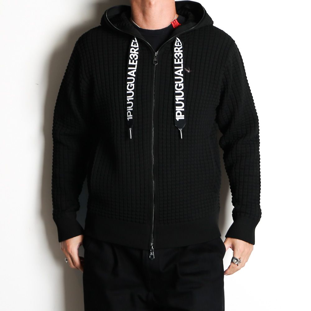 1PIU1UGUALE3 RELAX - 【ラスト1点-サイズM】 POLY WAFFLE HOODIE - BLACK / スピンドルロゴ ワッフル パーカー / USK-24001 | chemical conbination