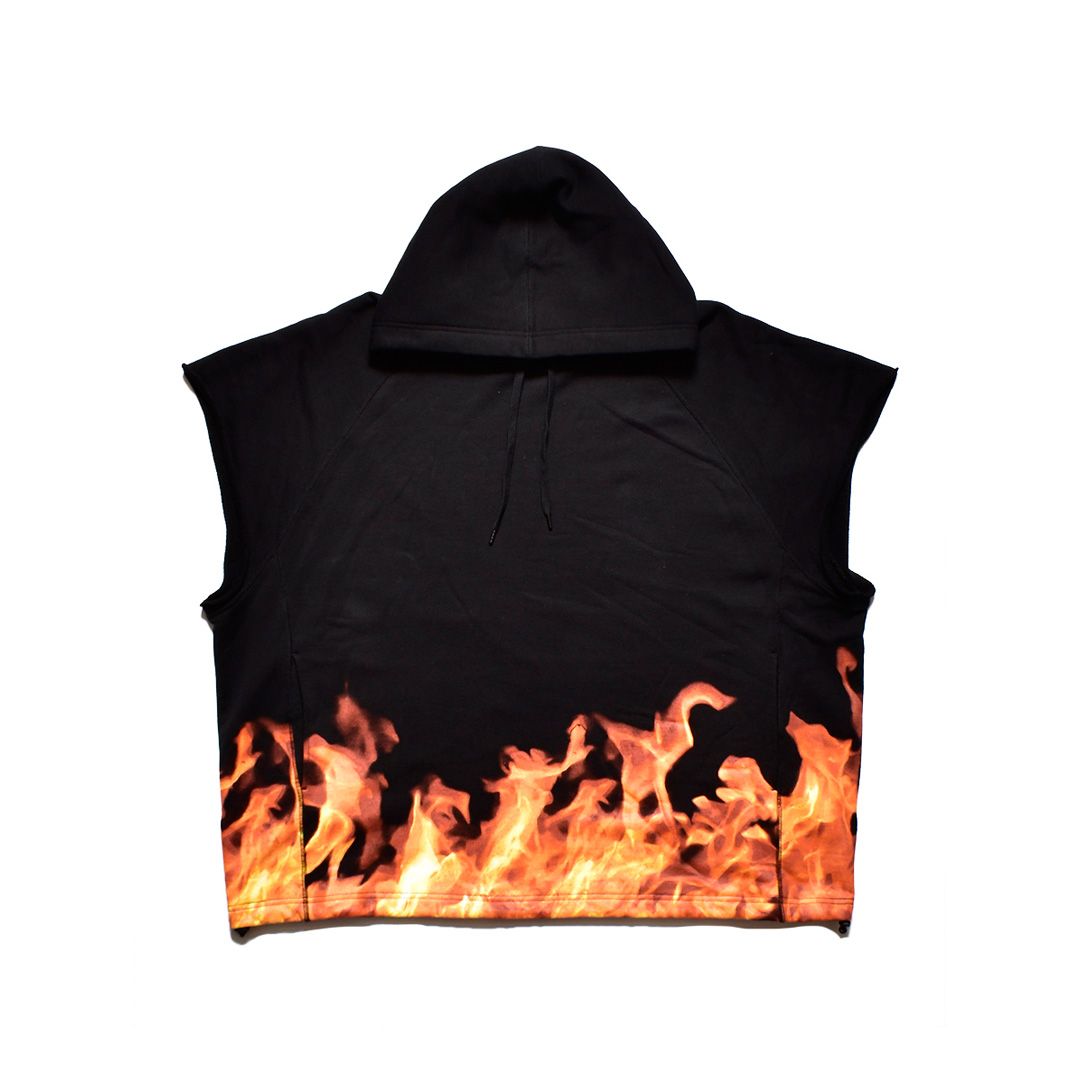 Fire Pattern Cutoff Sleeve Big Hoodie / 2308-6004