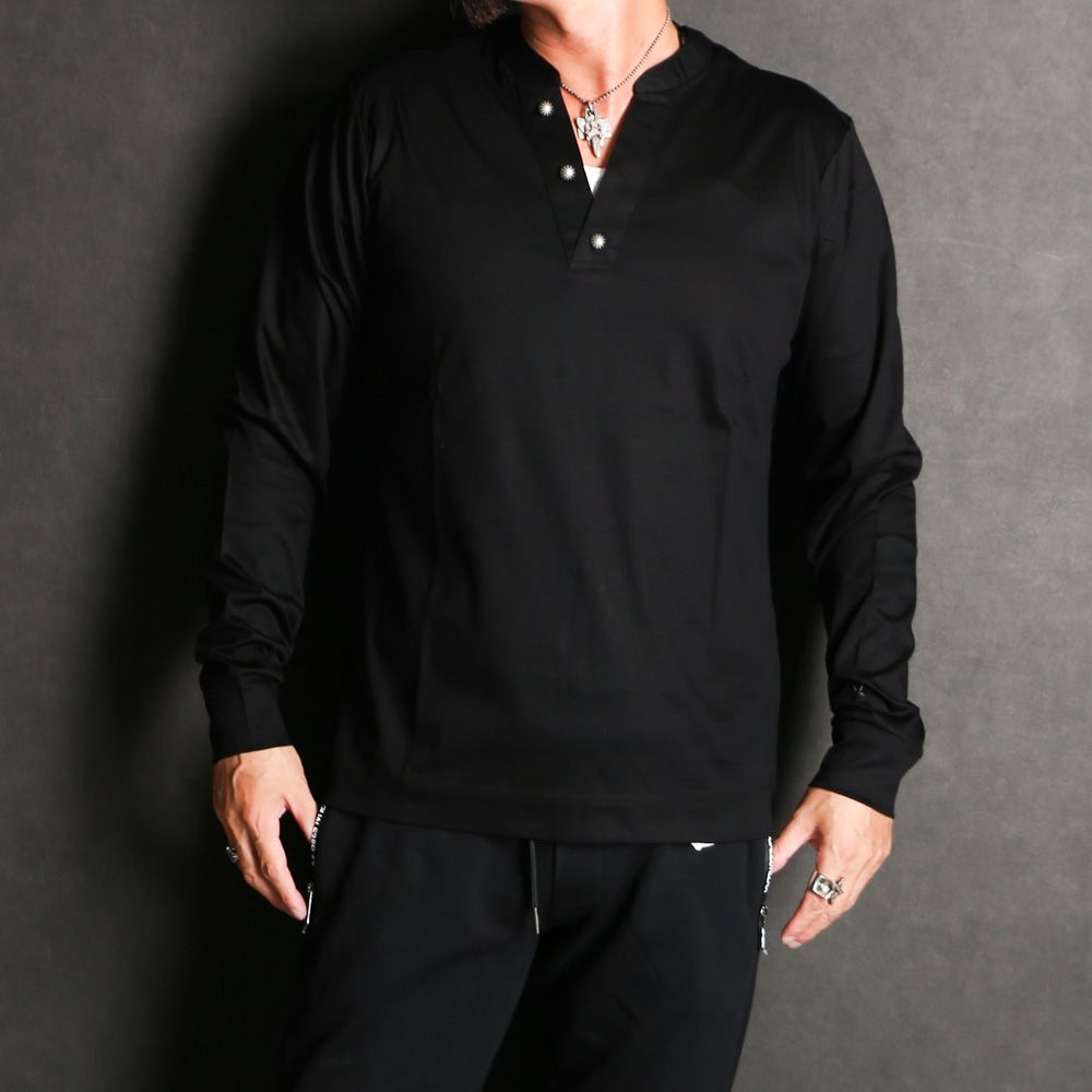 HENLEY NECK SUPER MERCERIZED LONG SLEEVE T-SHIRT - BLACK / ダブルシルケット ヘンリーネック ロングスリーブTシャツ / UST-24058