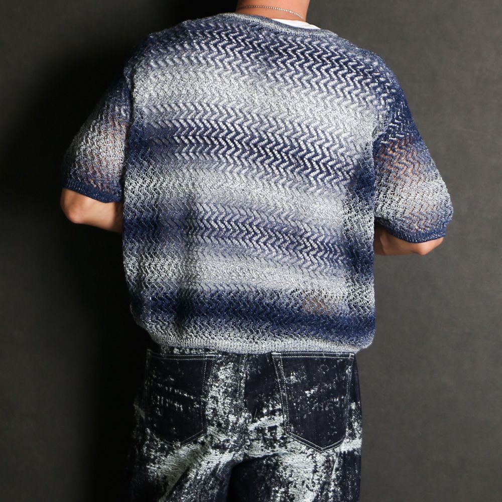 "Gradient-Striped Sheer Knit" Short Sleeve Knit - Navy / グラデーション ニットトップ / TA26SS-KN047