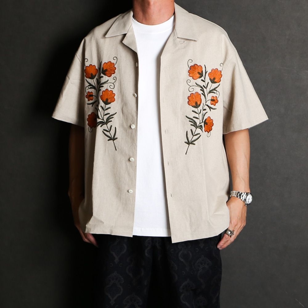 superNova. - Aloha shirt - Flower embroidery - Natural / アロハ 