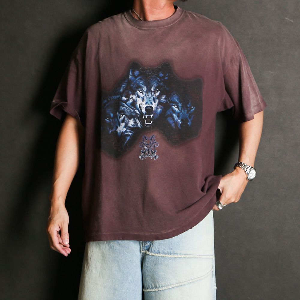 KAMIYA KMY-WOLF DISTRESSED Tシャツ プリント 半袖 KAMIYA “KMY-WOLF” Distressed Tee （RED） -FASCINATE