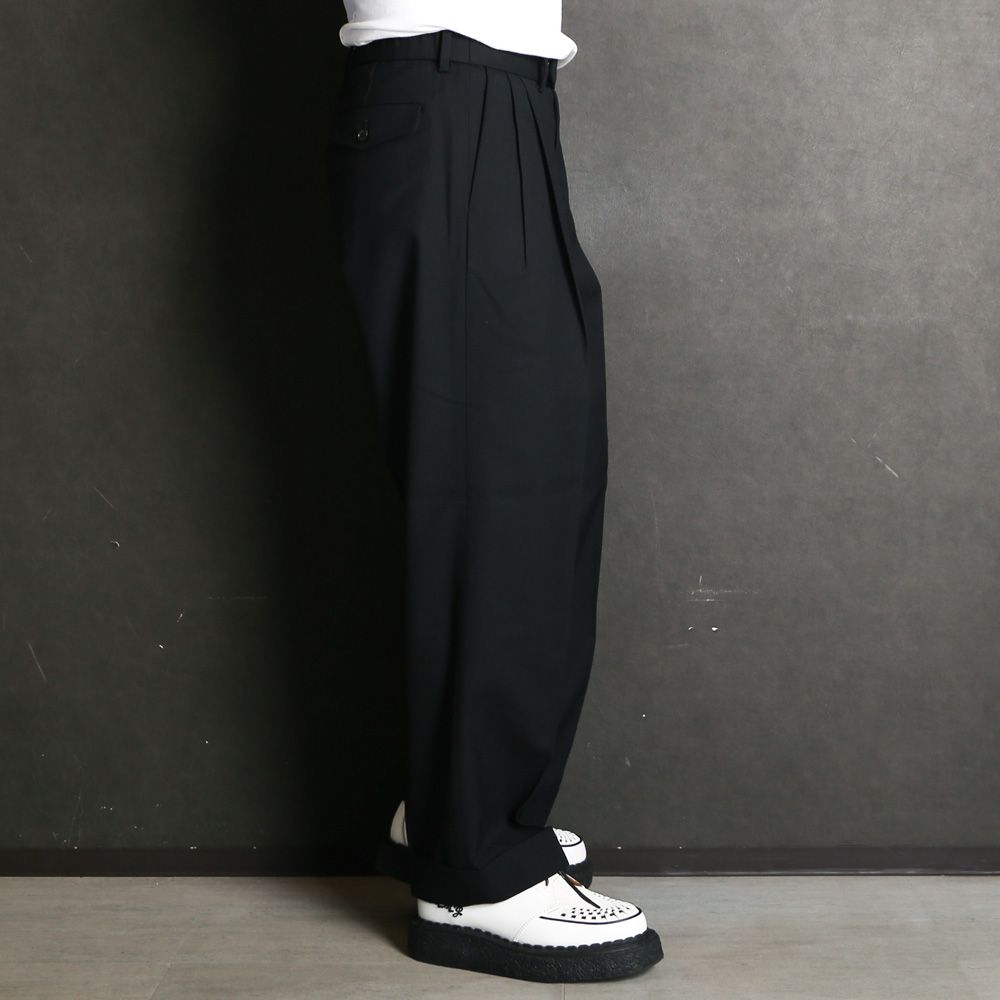 Double Pleated Semi Easy Trousers - Black / 3/60 オーガニックウールサバイバルクロス® - ダブルプリーテッドセミイージートラウザーズ / A26C07PT02C