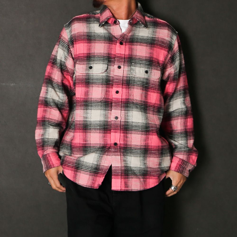 Heavy Cotton Flannel Ombre Work Shirt  - PINK / MDFBF09503