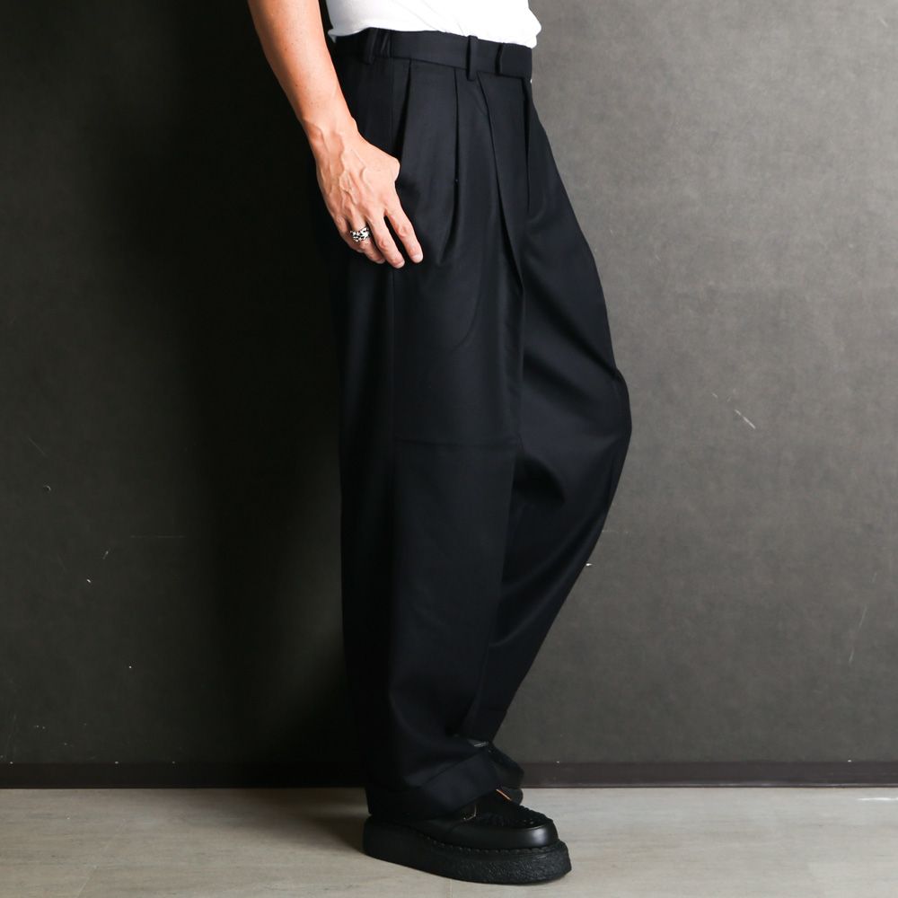 DOUBLE PLEATED WIDE TROUSERS - BLACK / オーガニックウール 2/80 フランネル - ダブルプリーテッドワイドトラウザーズ / A25C15PT02C