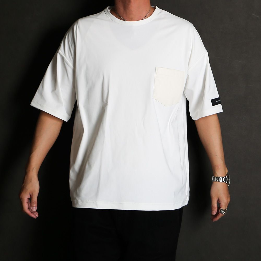 【ラスト1点-サイズ3】 leather pocket overnylon T - WHITE / エコレザーポケット ルーズTシャツ / RC35-T-005