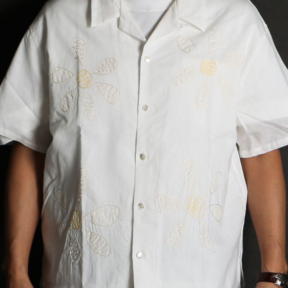 【ラスト1点-サイズS】 Aloha shirt - Big flowers embroidery / アロハシャツ - ビッグフラワーエンブロイダリー / SN-616A