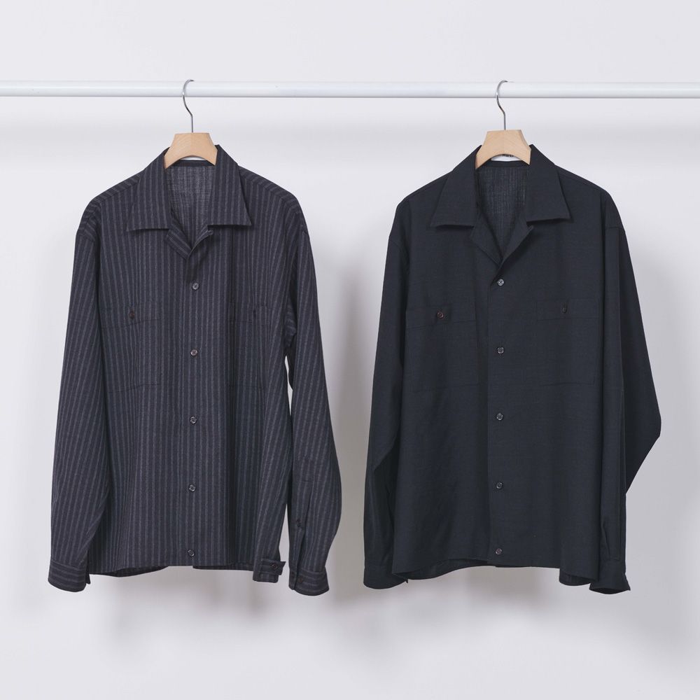 DOUBLE POCKET OPEN COLLAR SHIRT - GRAY STRIPE / 2/72 ウールトロピカルワッシャー - ダブルポケット オープンカラーシャツ / M26A11SH01C