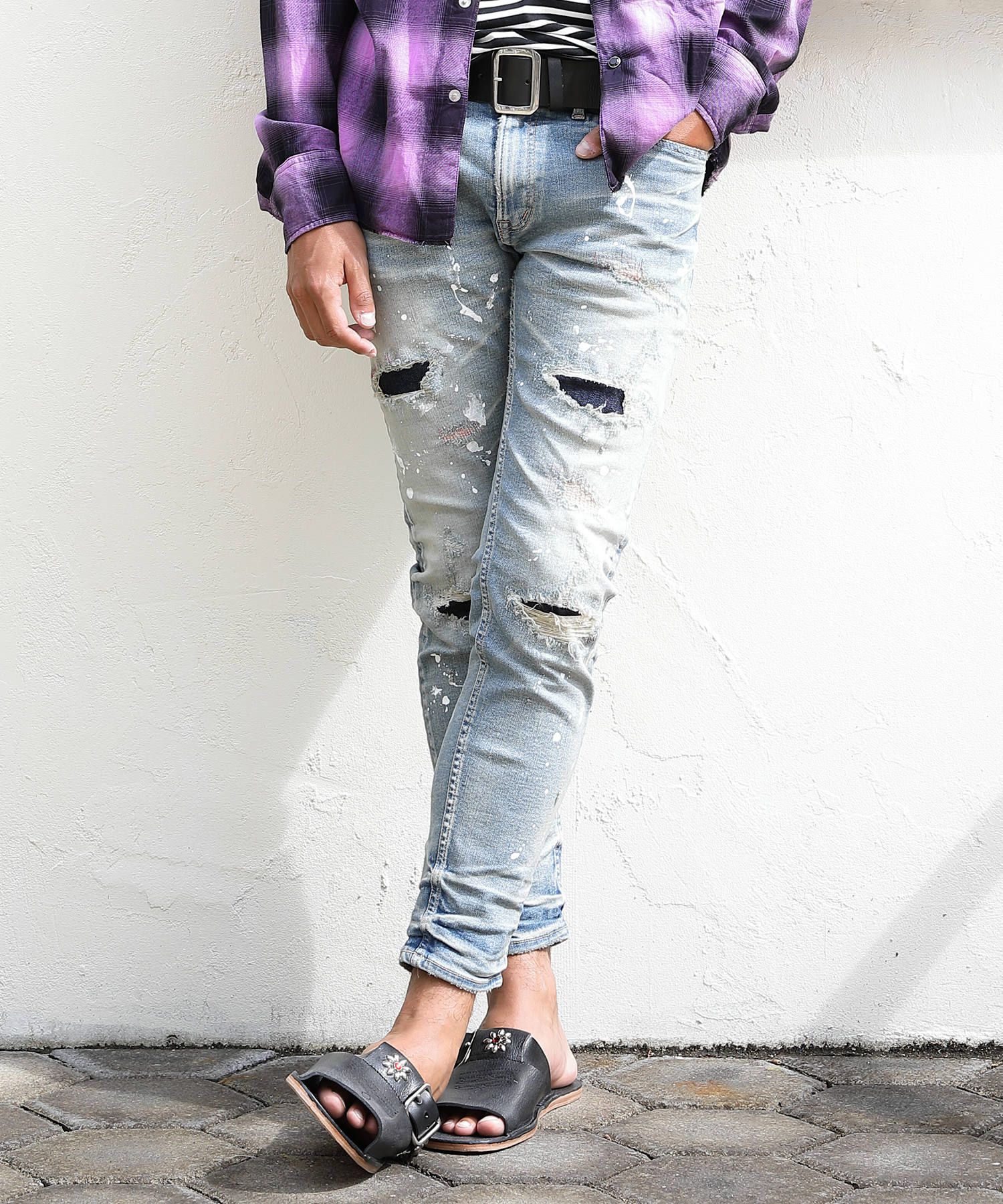 HYBRID-STRETCH NEON CRASH DENIM 5P CROPPED TAPERED / ストレッチデニム アンクルパンツ TPT-S2002