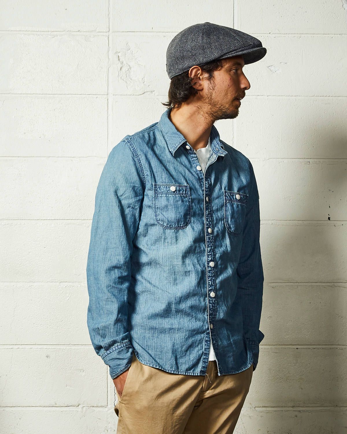 HERRINGBONE INDIGO CHAMBRAY WORK SHIRTS / ヘリンボン シャンブレー ワークシャツ / TSH-F2003