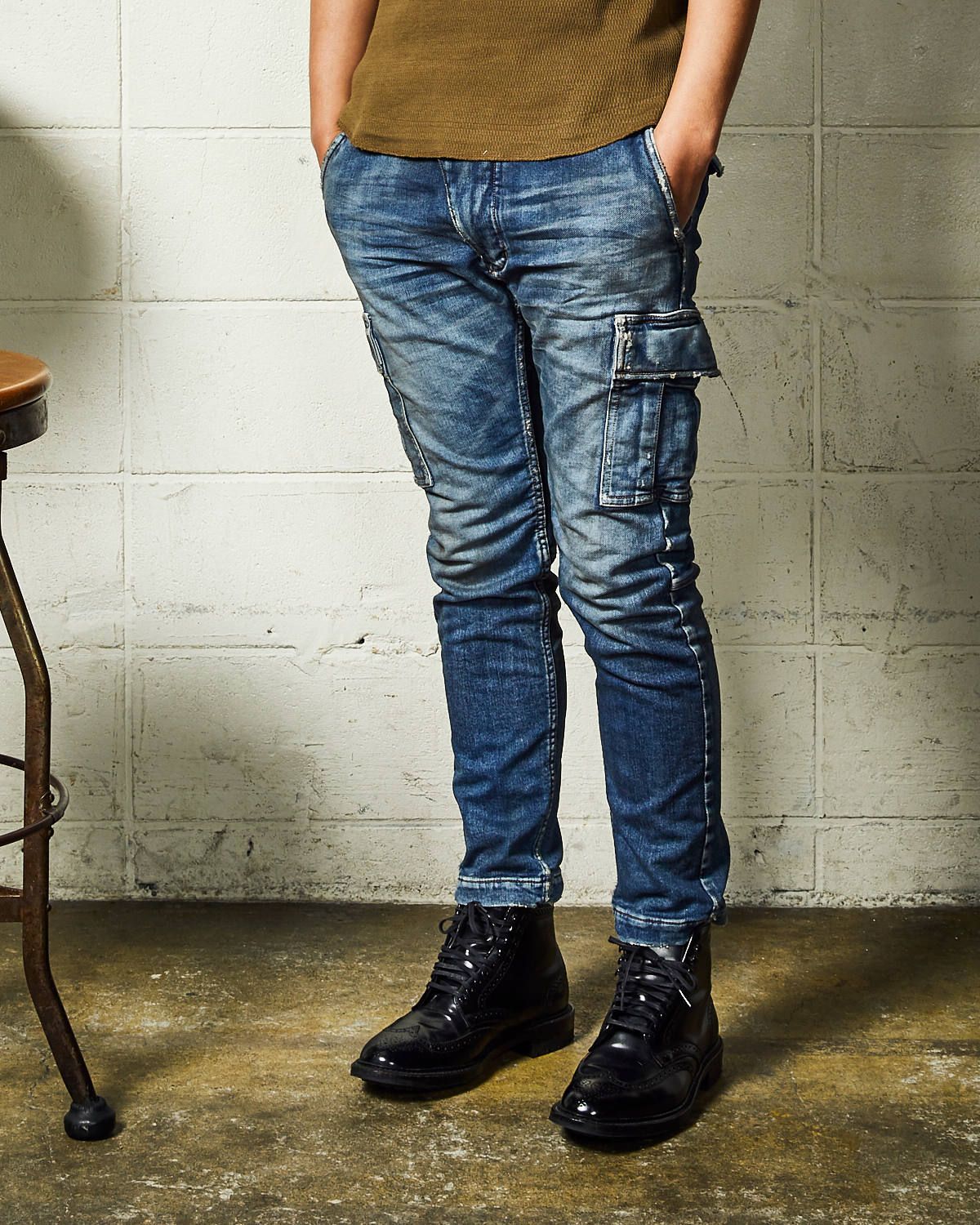 SWEATLIKE-STRETCH DENIM TAPERED CARGO PANTS / スウェットライクデニム テーパード カーゴパンツ / TPT-F2006