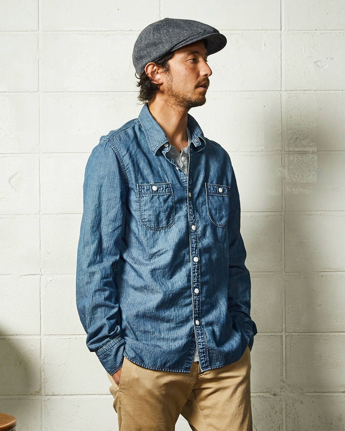 HERRINGBONE INDIGO CHAMBRAY WORK SHIRTS / ヘリンボン シャンブレー ワークシャツ / TSH-F2003
