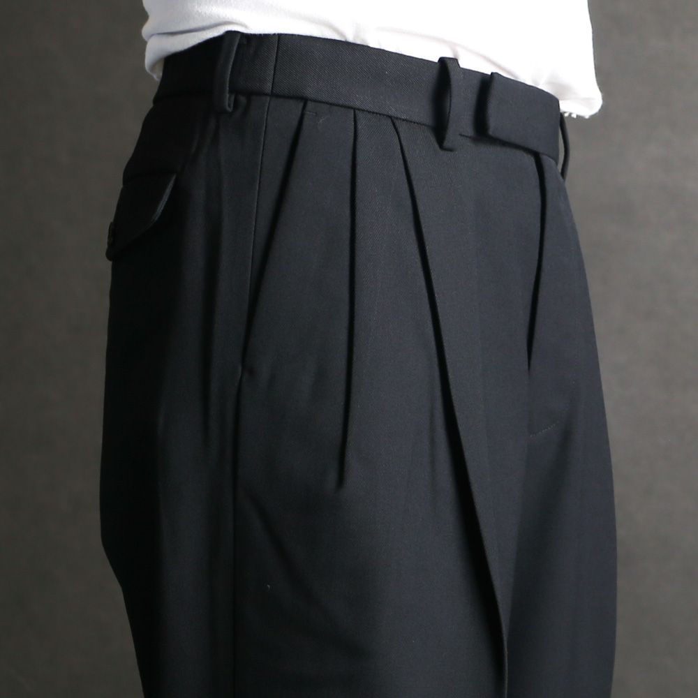 Double Pleated Semi Easy Trousers - Black / 3/60 オーガニックウールサバイバルクロス® - ダブルプリーテッドセミイージートラウザーズ / A26C07PT02C
