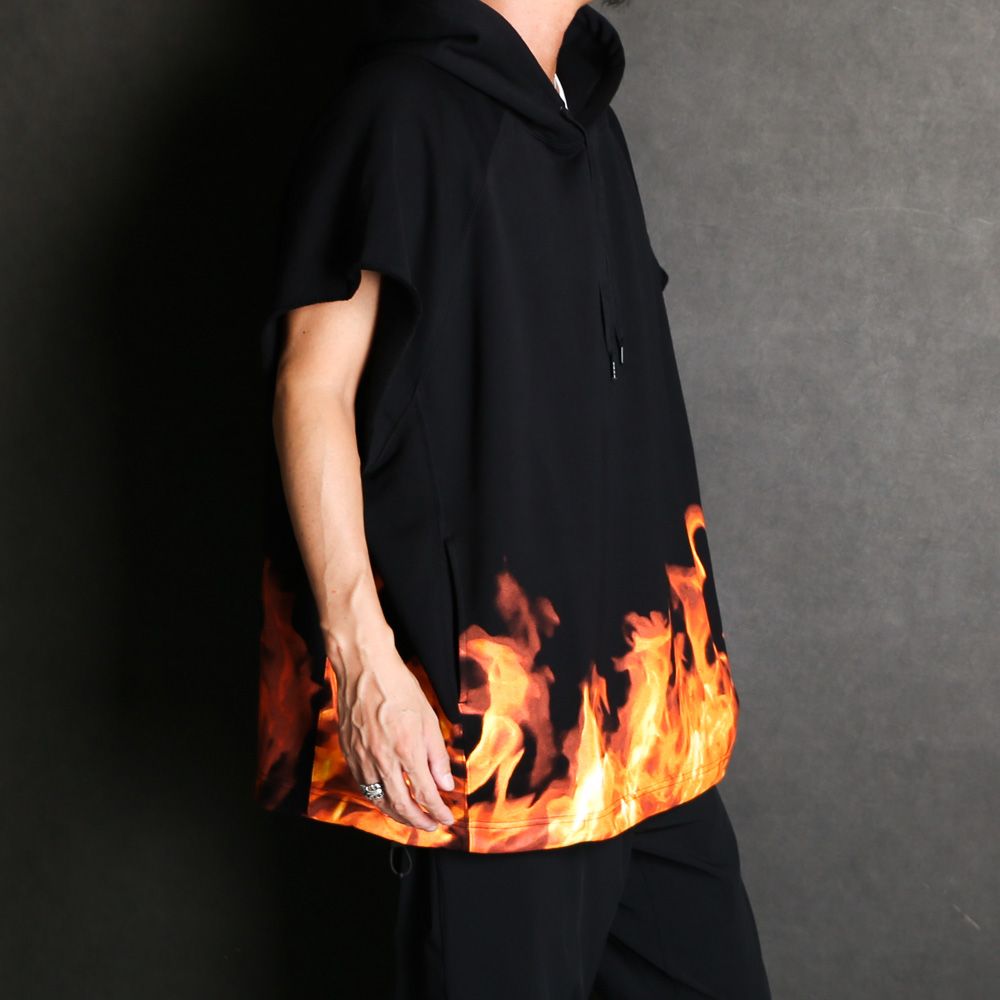 Fire Pattern Cutoff Sleeve Big Hoodie / 2308-6004
