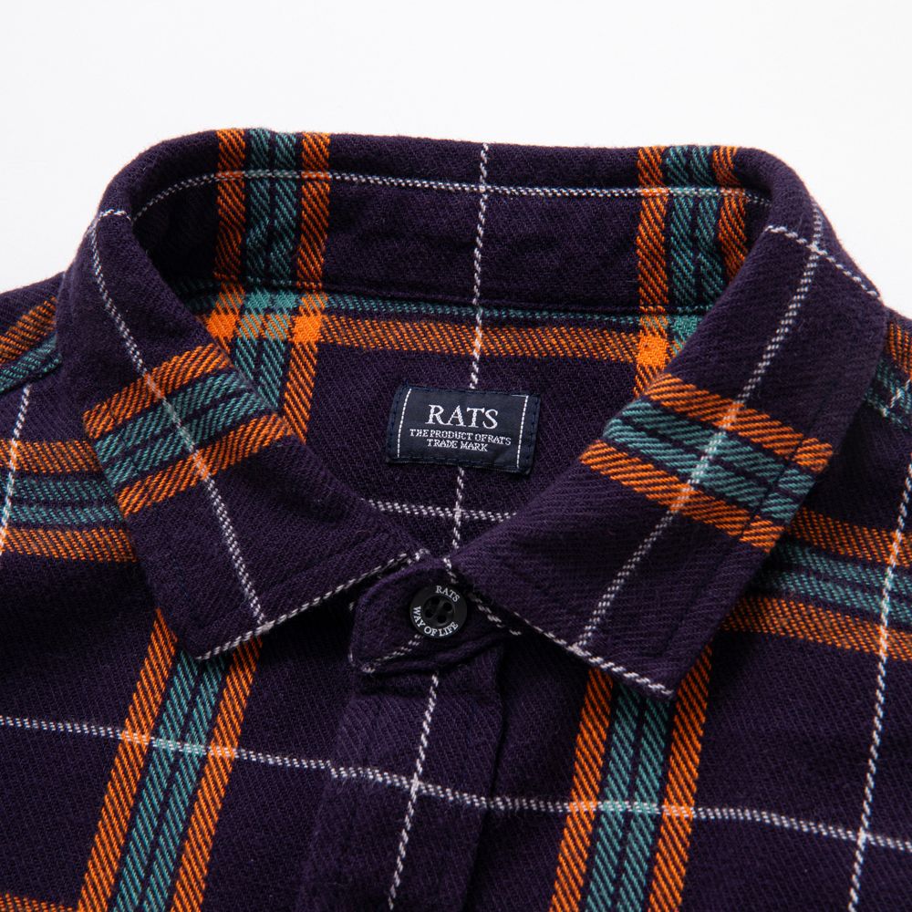 RATS - COTTON FLANNEL NAVY CHECK SHIRT / コットンフランネル