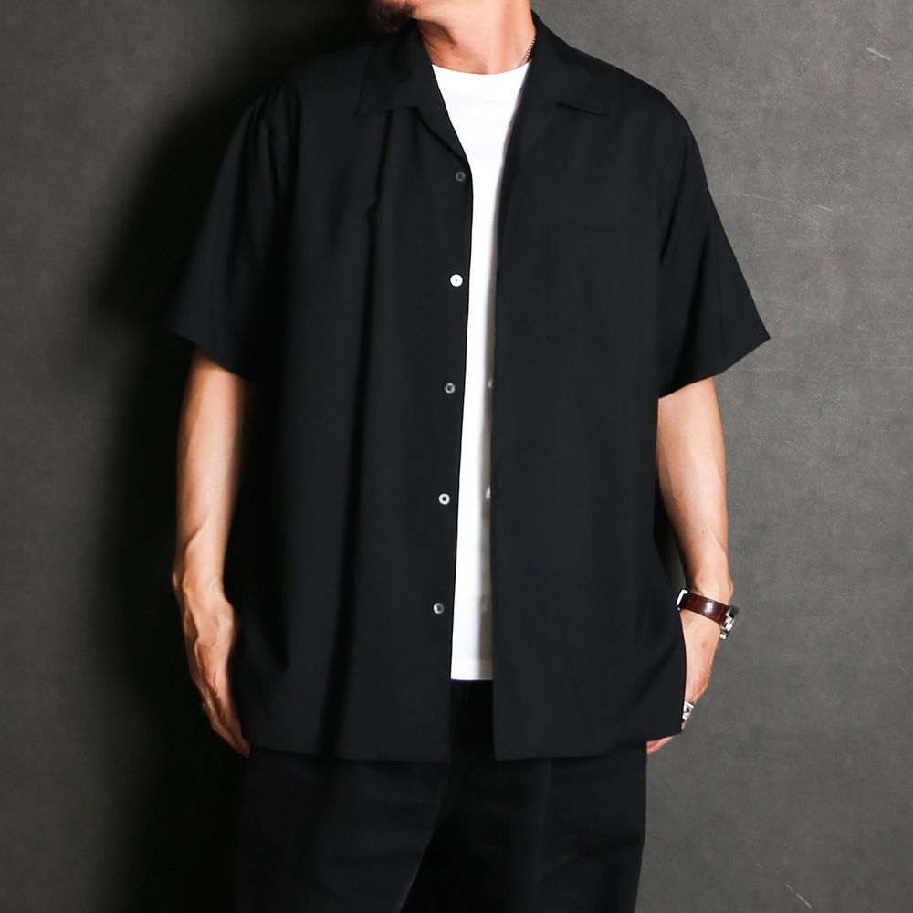 ITALIAN OPEN COLLAR S/S SHIRT - BLACK / オーガニックウール2/80トロピカル - イタリアンオープンカラーS/Sシャツ / A26B04SH03B