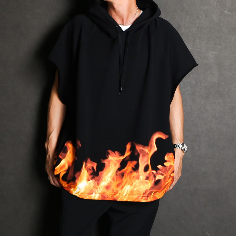 Fire Pattern Cutoff Sleeve Big Hoodie / 2308-6004