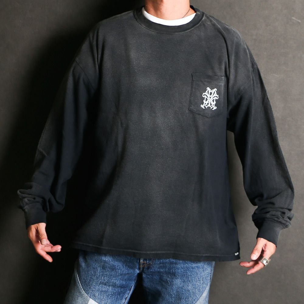 "Messenger Bird" Distressed Pocket L/S T-shirt - BLACK / グラフィック Tシャツ / G15LT086