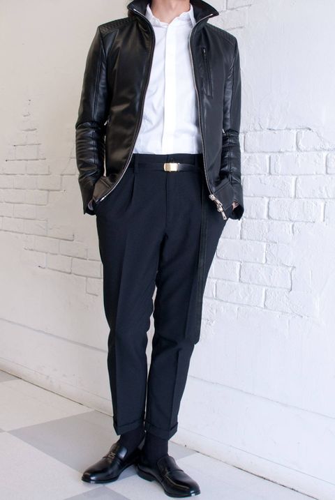 レザージャケット × スラックス