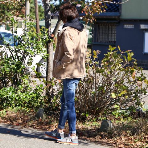 スラブコーデュロイ ボアランチコート(BEIGE)。