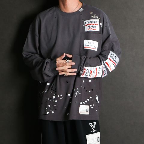 Embellished Sticker Long Sleeves Tee - BLACK / エンブリッシュド ステッカー ロングスリーブTシャツ / A16LT591