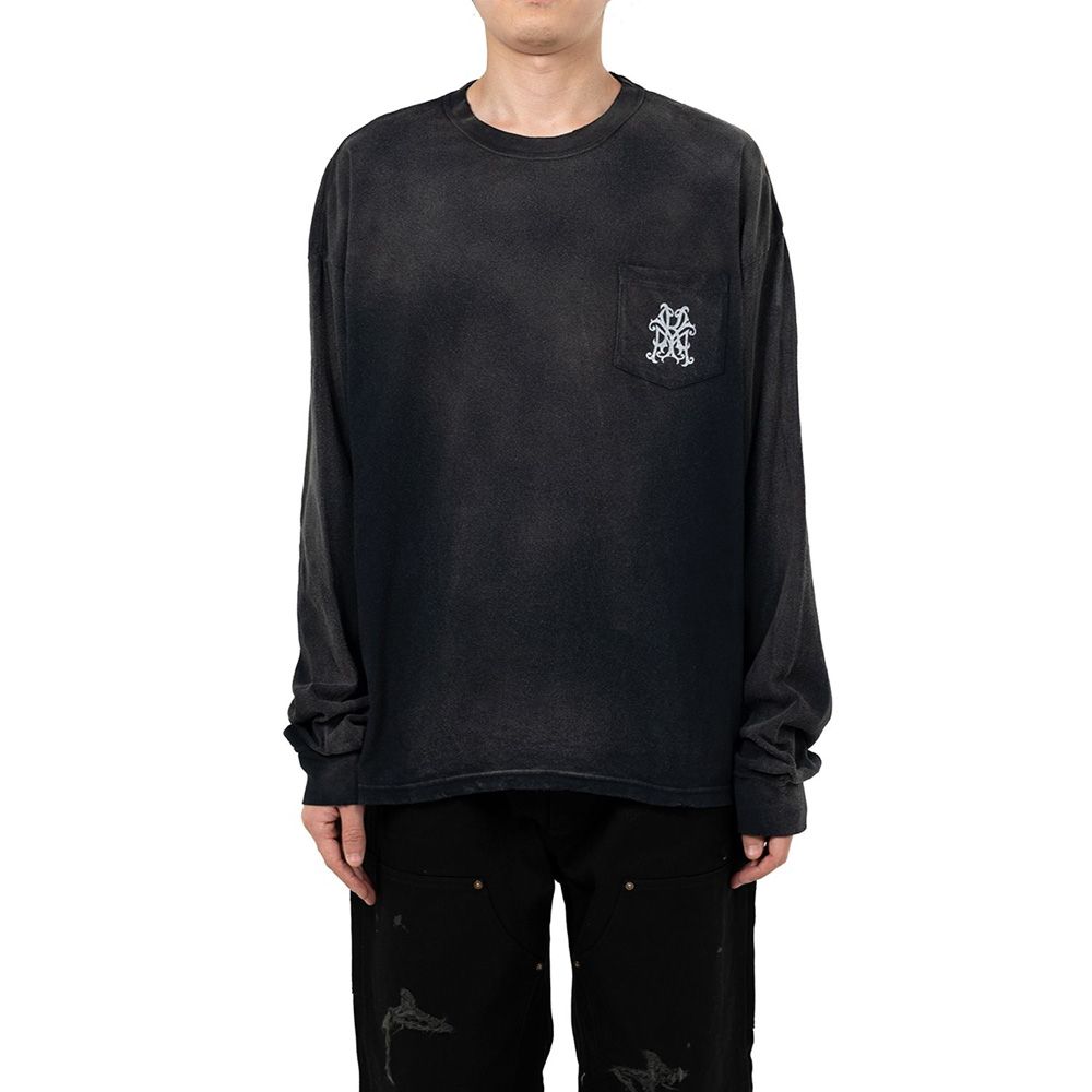 "Messenger Bird" Distressed Pocket L/S T-shirt - BLACK / グラフィック Tシャツ / G15LT086