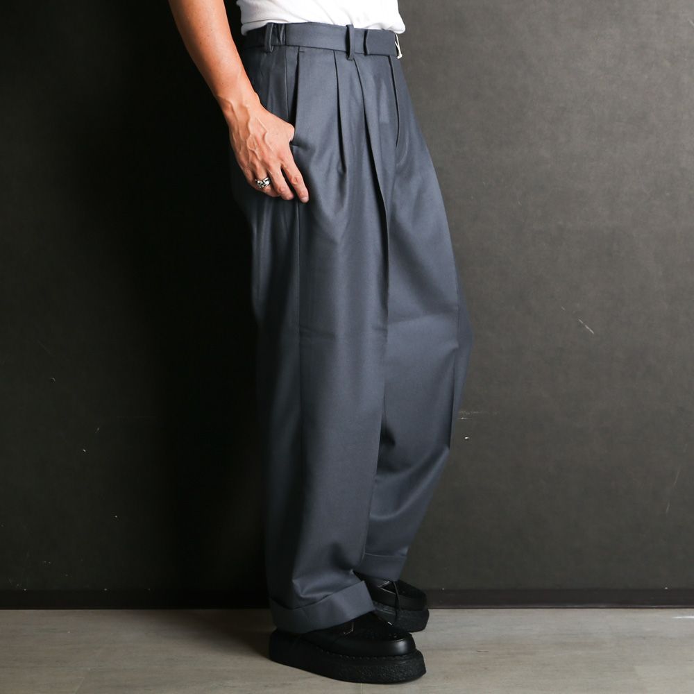 DOUBLE PLEATED WIDE TROUSERS - FOREST GRAY / オーガニックウール 2/80 フランネル - ダブルプリーテッドワイドトラウザーズ / A25C15PT02C