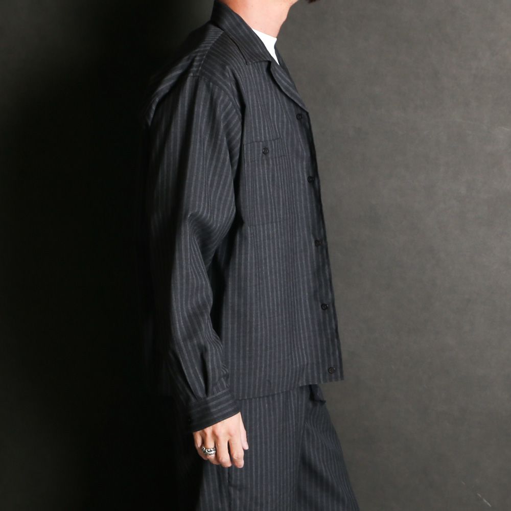 【ラスト1点-サイズ2】DOUBLE POCKET OPEN COLLAR SHIRT - GRAY STRIPE / 2/72 ウールトロピカルワッシャー - ダブルポケット オープンカラーシャツ / M26A11SH01C