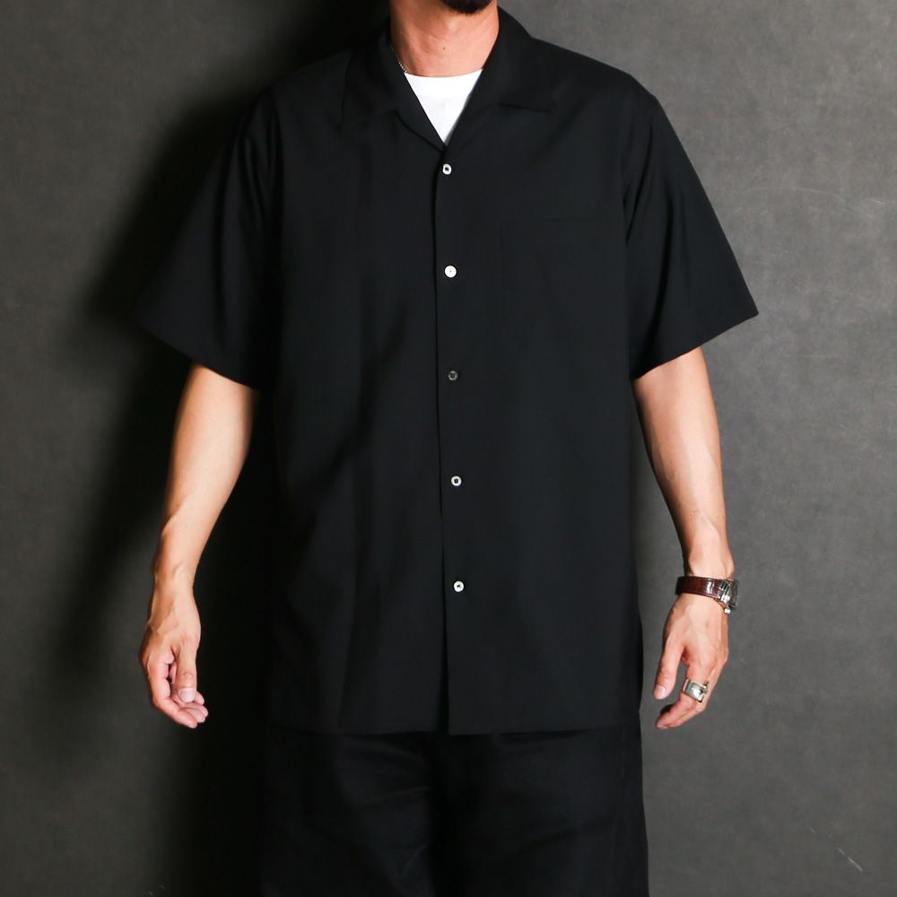 ITALIAN OPEN COLLAR S/S SHIRT - BLACK / オーガニックウール2/80トロピカル - イタリアンオープンカラーS/Sシャツ / A26B04SH03B