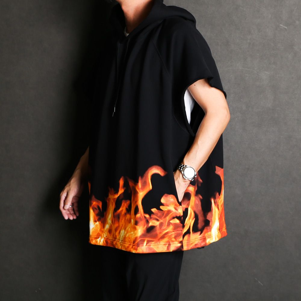 Fire Pattern Cutoff Sleeve Big Hoodie / 2308-6004