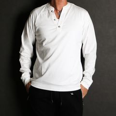 HENLEY NECK SUPER MERCERIZED LONG SLEEVE T-SHIRT - WHITE / ダブルシルケット ヘンリーネック ロングスリーブTシャツ / UST-24058