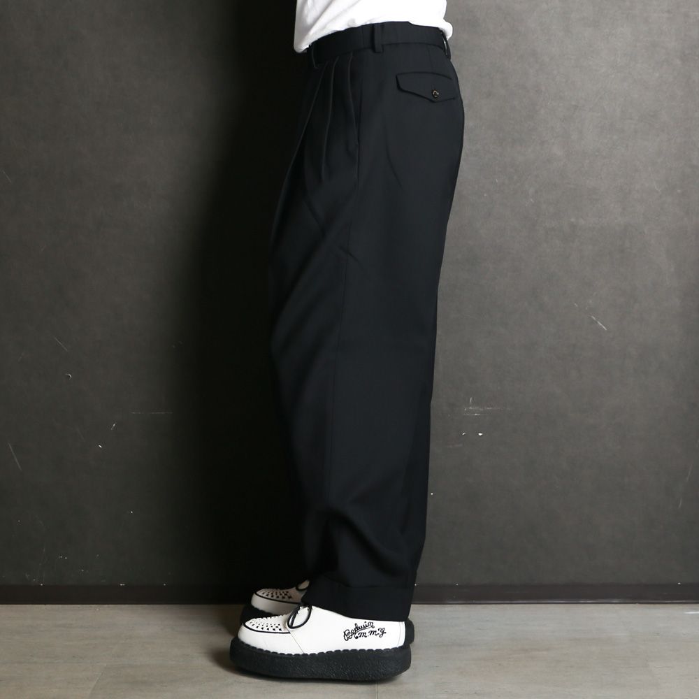 Double Pleated Semi Easy Trousers - Black / 3/60 オーガニックウールサバイバルクロス® - ダブルプリーテッドセミイージートラウザーズ / A26C07PT02C