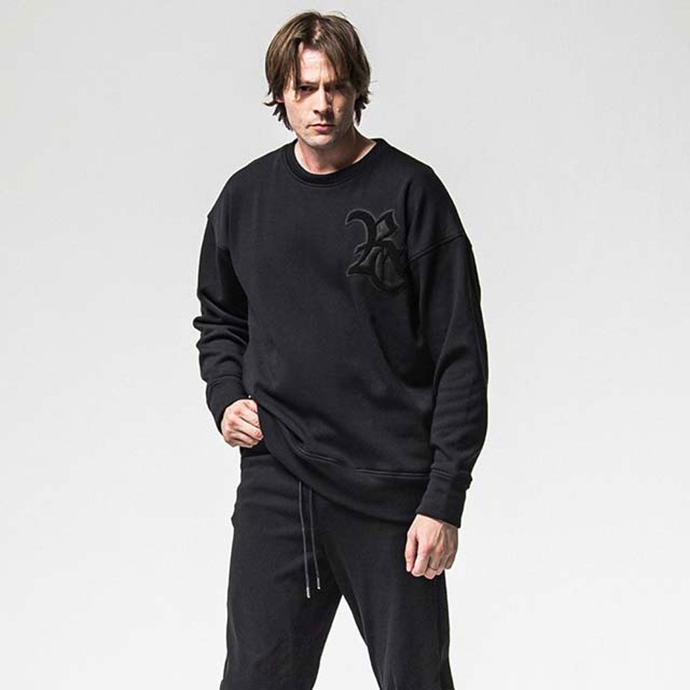 RC chenille velours fleece drop trainer - BLACK / サガラ刺繍ワッペン 裏起毛ルーズトレーナー / RC38-C-004