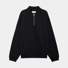 【ラスト1点-サイズ2】 HALF ZIP POLO HUGE SWEAT - BLACK / オーガニックコットンヘビー吊裏毛 - ハーフジップポロヒュージスウェット / A26A09CS03C