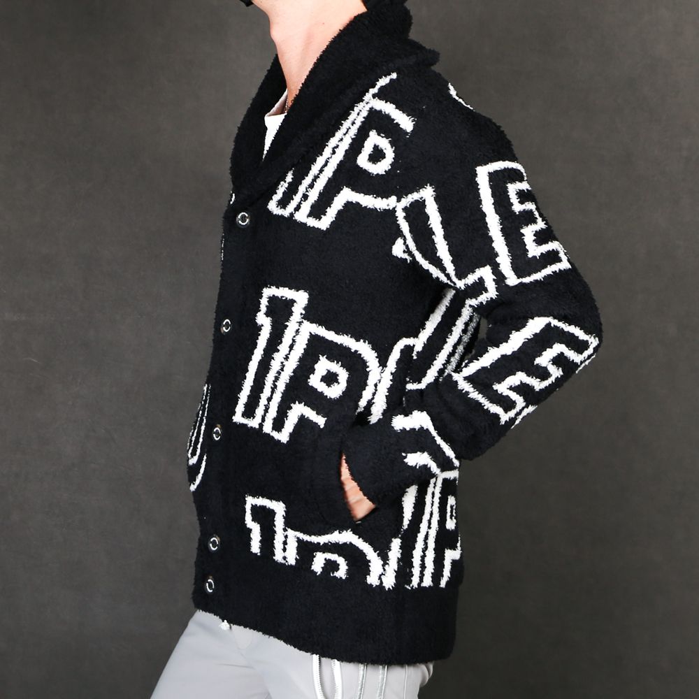 WHOLE PATTERN KNIT SHAWL CARDIGAN / 総柄ロゴ ニットショールカーディガン / USK-20014