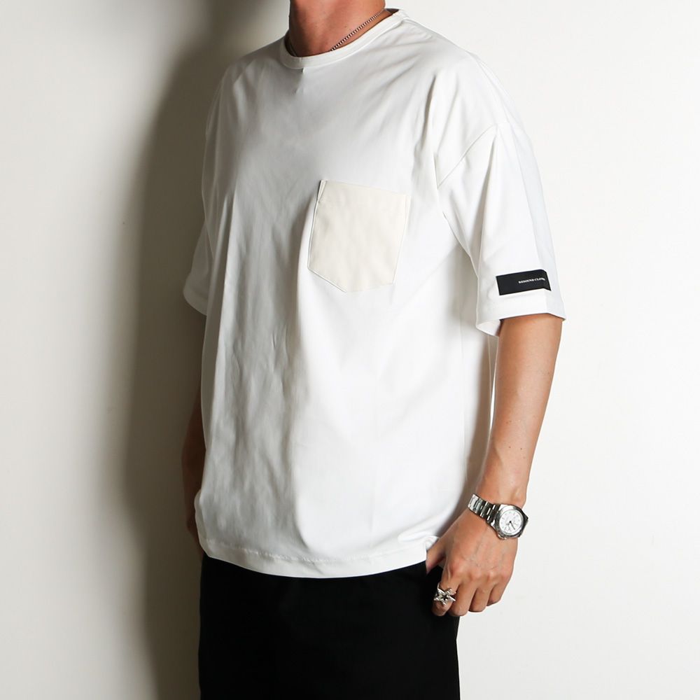 【ラスト1点-サイズ3】 leather pocket overnylon T - WHITE / エコレザーポケット ルーズTシャツ / RC35-T-005