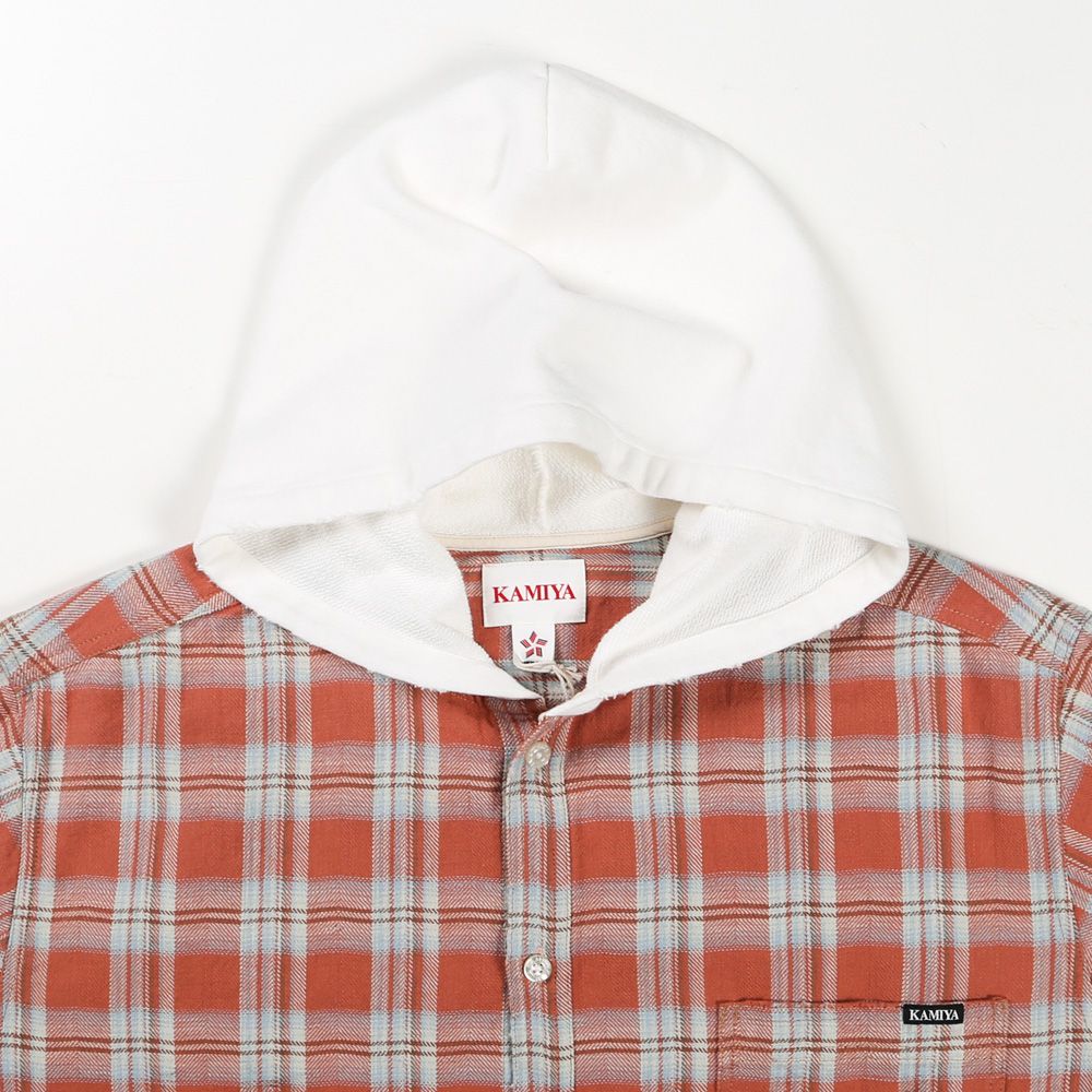トップス KAMIYA Hooded Check Shirt RED M KAMIYA - Distressed Check Shirt Hoodie - RED / フーデッド