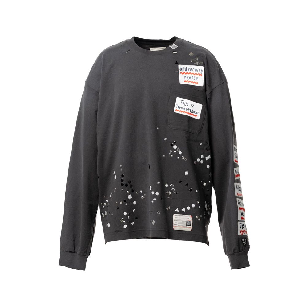 【ラスト1点-サイズ48】 Embellished Sticker Long Sleeves Tee - BLACK / エンブリッシュド ステッカー ロングスリーブTシャツ / A16LT591