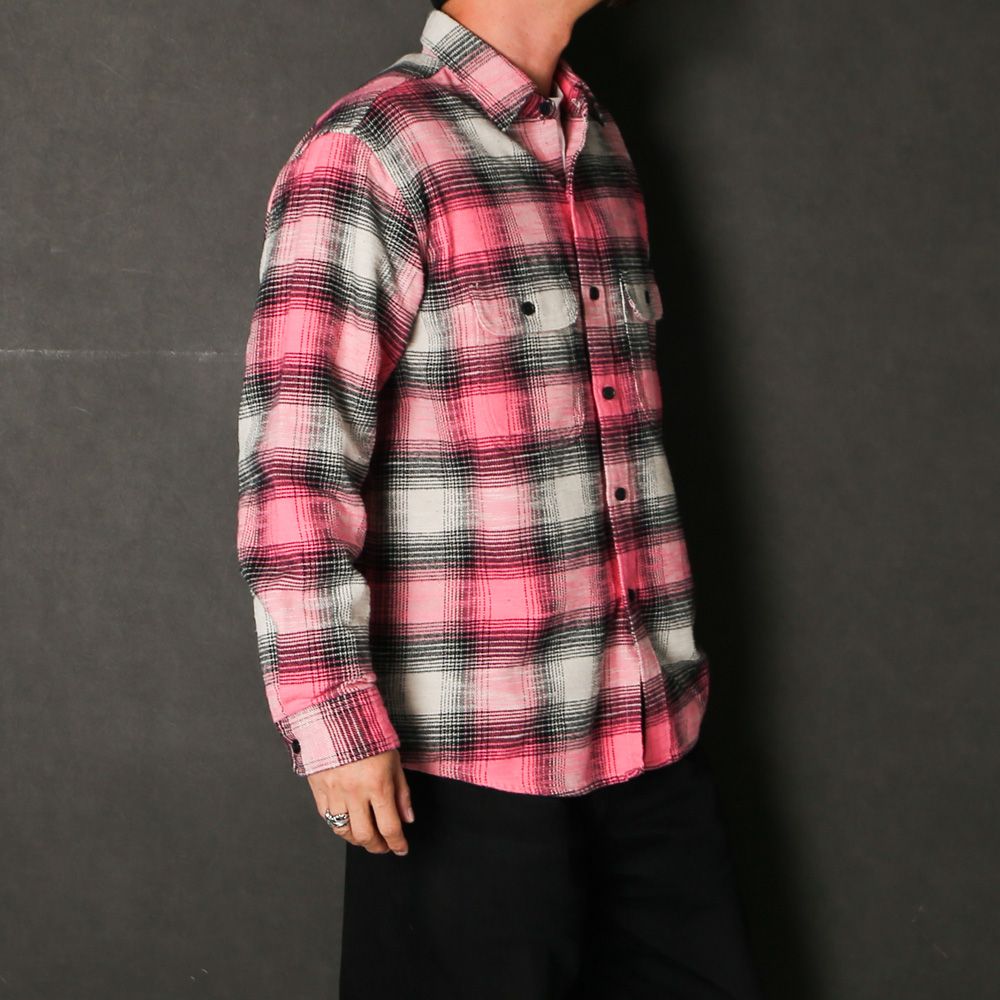 Heavy Cotton Flannel Ombre Work Shirt  - PINK / MDFBF09503