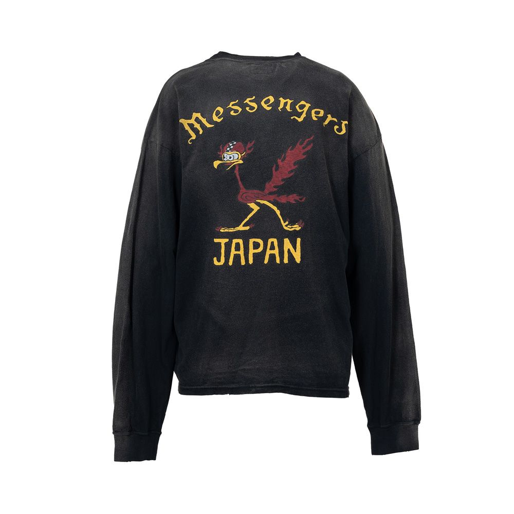 "Messenger Bird" Distressed Pocket L/S T-shirt - BLACK / グラフィック Tシャツ / G15LT086