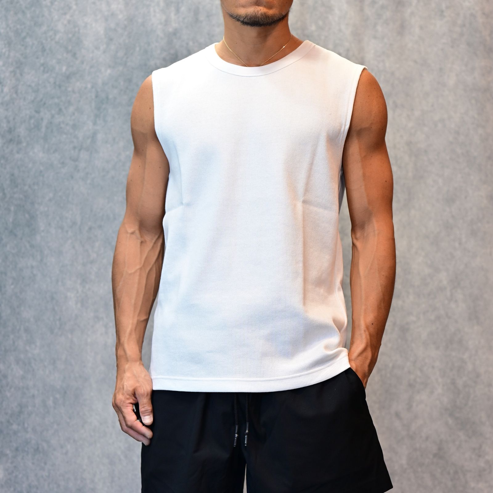 MINEDENIM - Roundneck Nosleeve Rib T-SH （WHT） / リブ