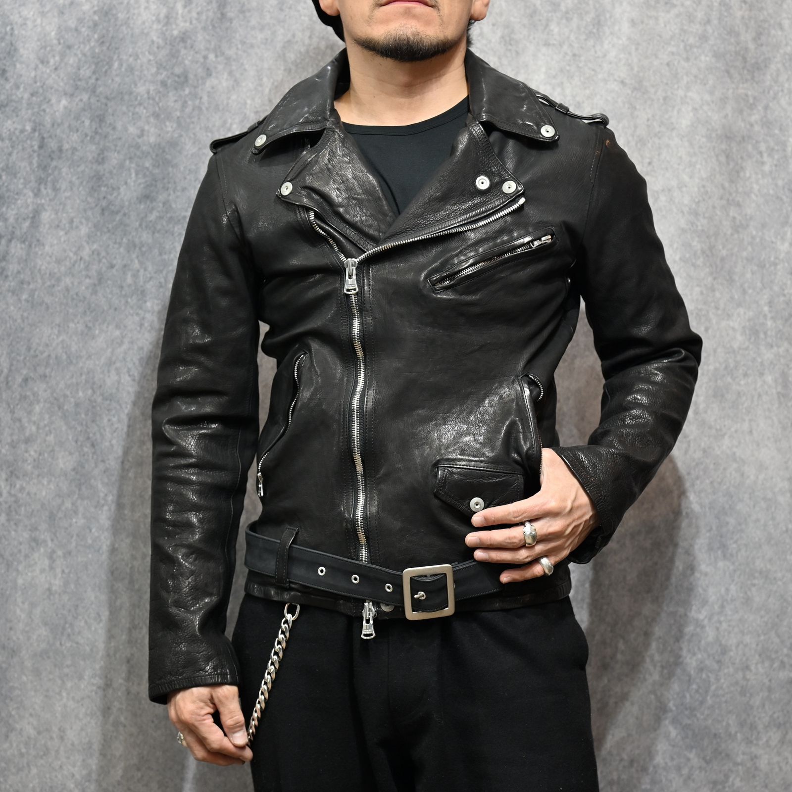 ジャパンカーフ タンニン鞣し 製品洗い ダブルライダース （BLACK） 1927-07