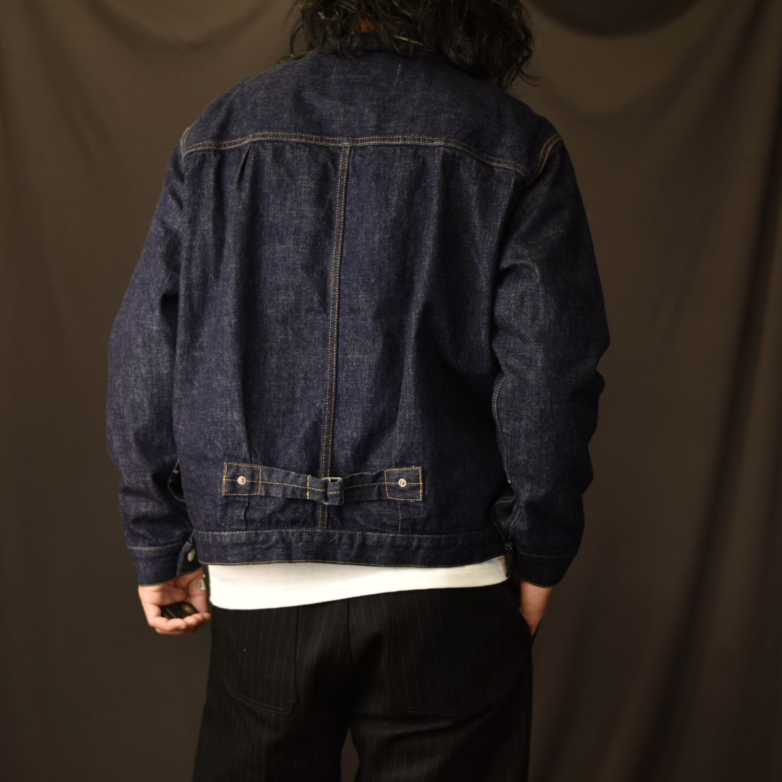 CALEE - 1st type no collar denim jacket -one wash- (Ow Indigo blue