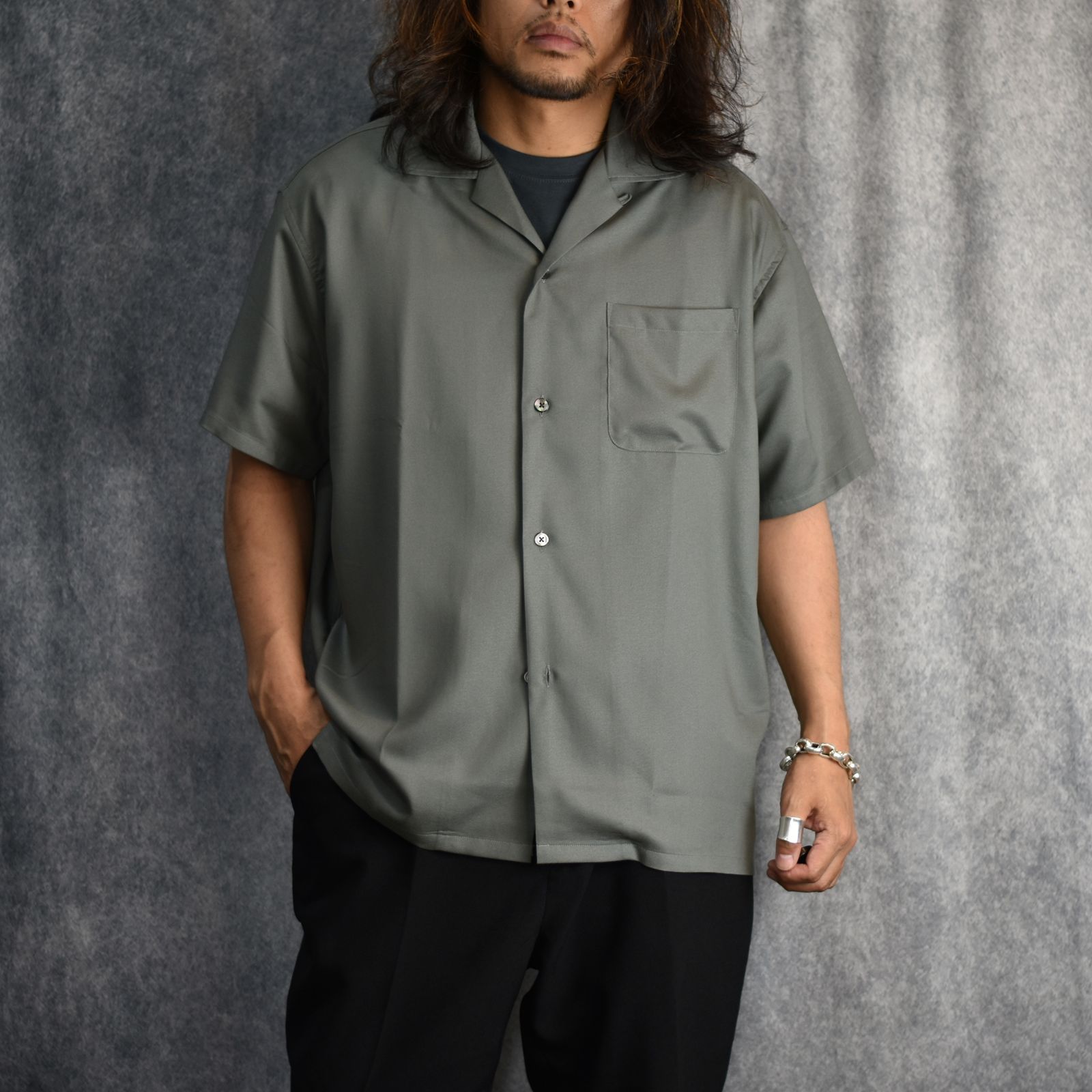 EMBROIDERY "BLATANT LOCALISM" OPEN COLLAR SH (GRAY) / オープンカラーシャツ
