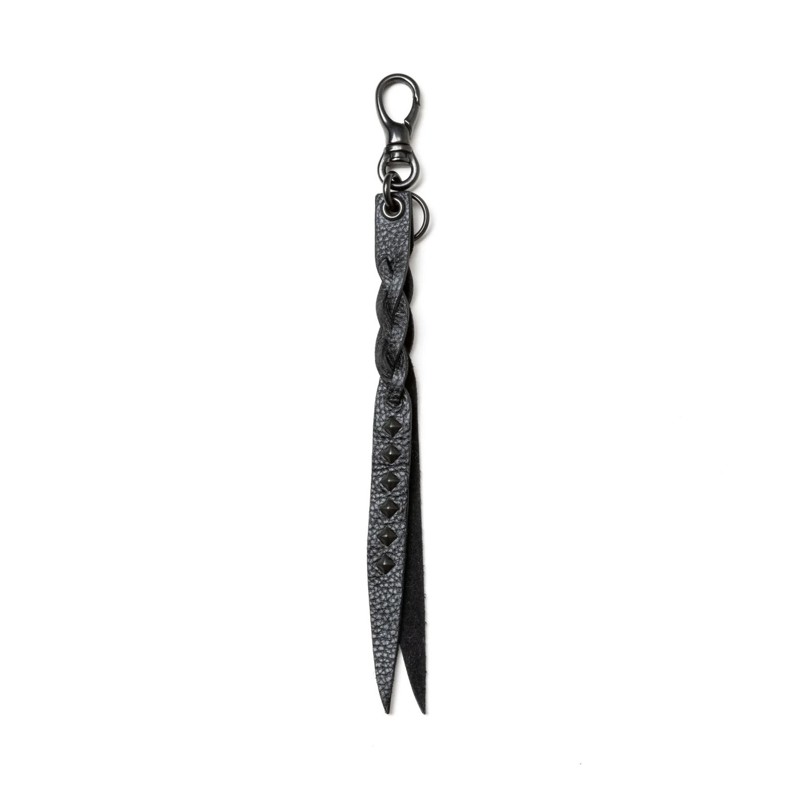 STUDS & KNITTING LEATHER SHORT KEY RING ＜TYPE A＞ (BLACK/BLACK) / スタッズレザー 編み込みレザー ショートタイプ キーリング キーホルダー