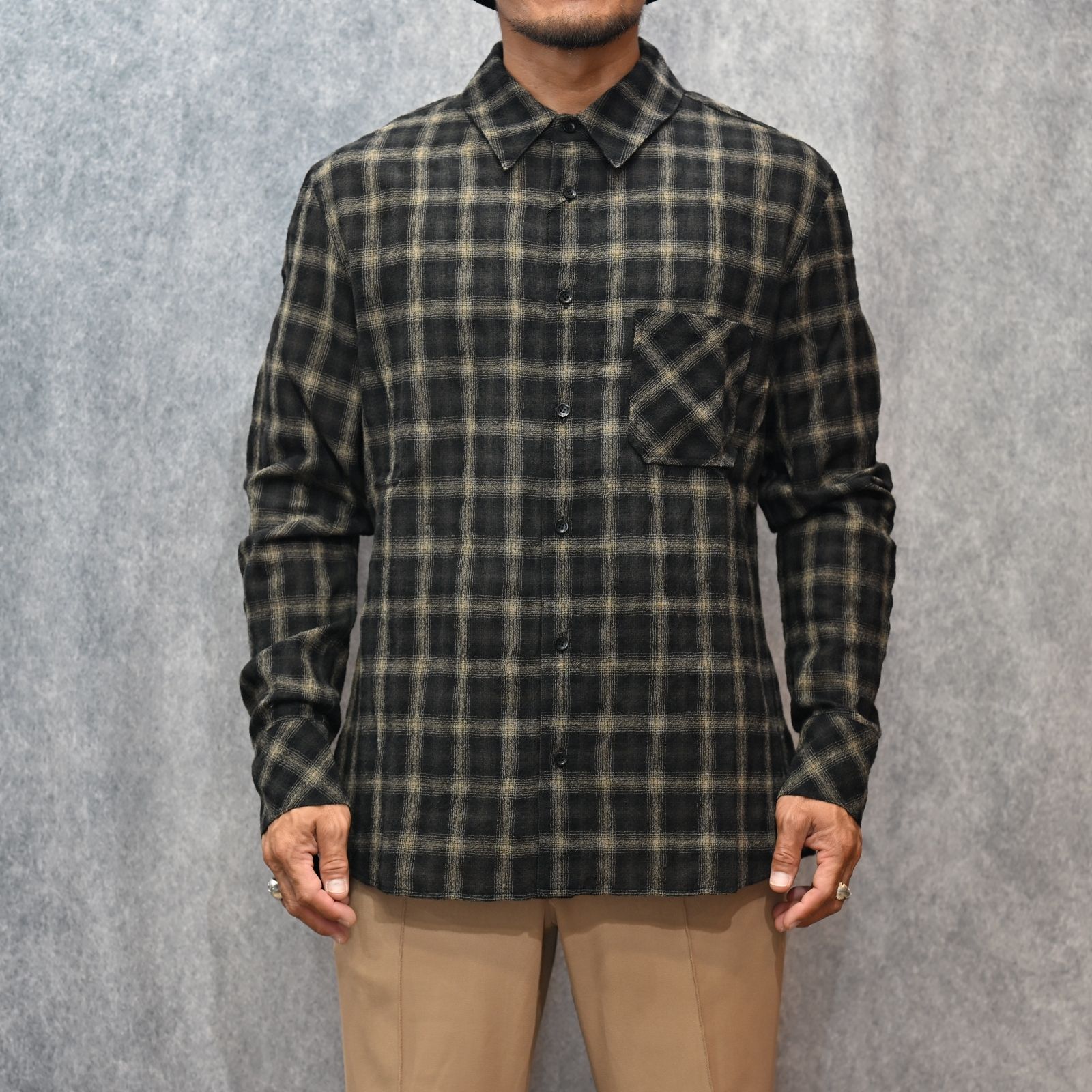 ウールガーゼ オンブレーチェック 縮絨シャツ （BLACK）｜2182-01