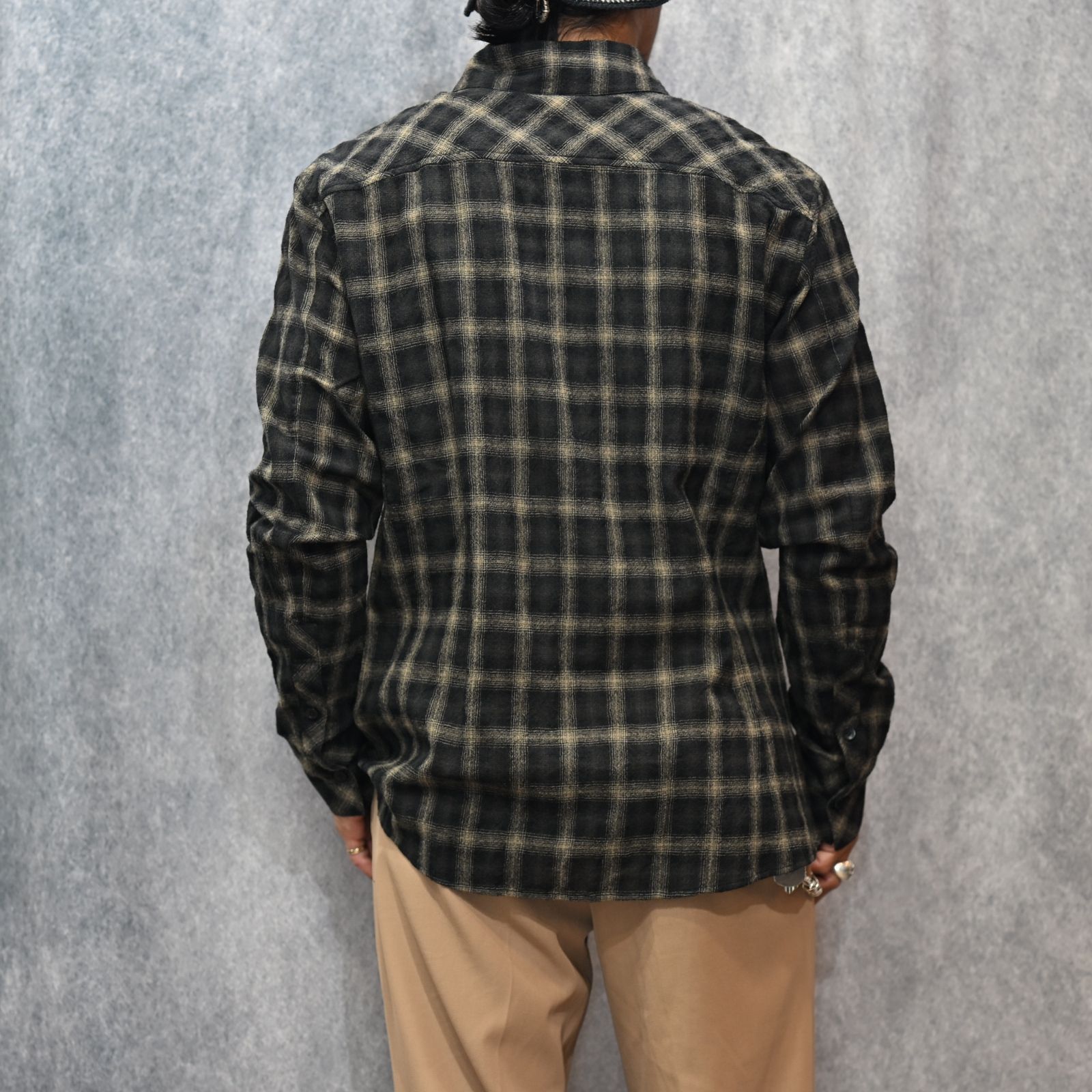 ウールガーゼ オンブレーチェック 縮絨シャツ （BLACK）｜2182-01