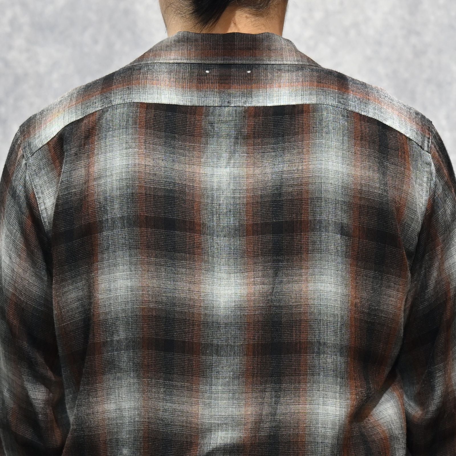 T.Rayon Ombre Open Collar Shirt （BRT / ブラウン）｜オンブレーチェックシャツ｜MDFBF09501