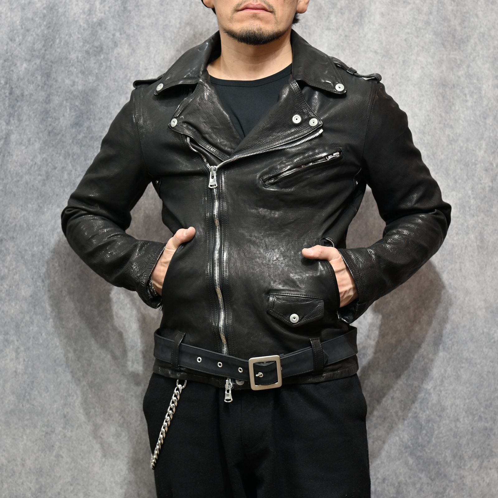 ジャパンカーフ タンニン鞣し 製品洗い ダブルライダース （BLACK） 1927-07