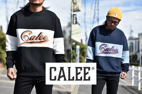 CALEE - CALEE LOGO CONTRASTING FABRIC CREW NECK SWEAT (NAVY